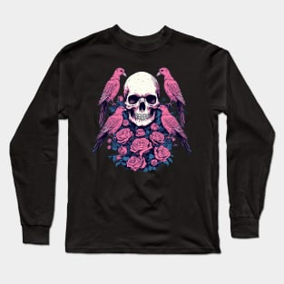 Skull and Flowers and Birds Long Sleeve T-Shirt